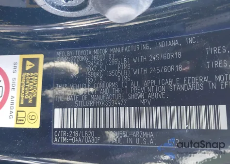 2019 Toyota Highlander Xle z USA, uszkodzony, nr VIN 5TDJZRFHXKS594477